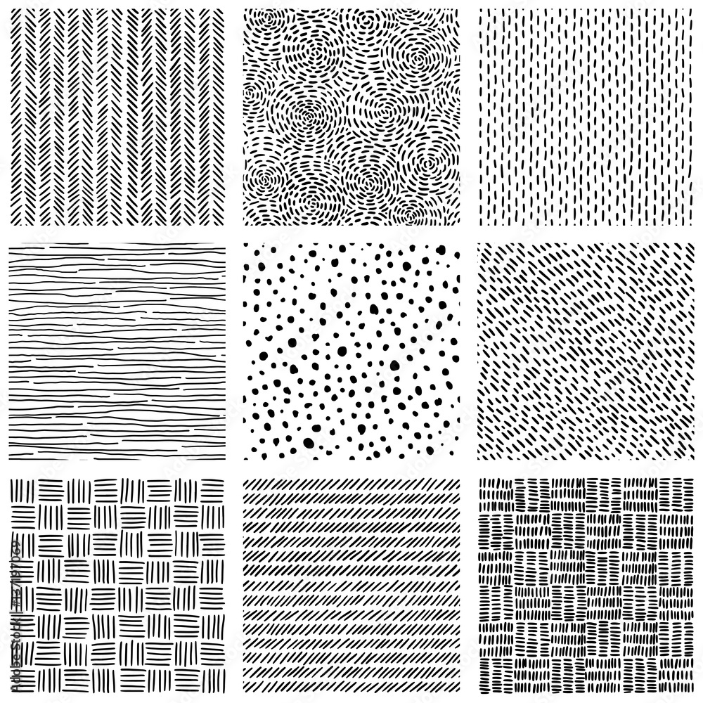 Collection of seamless patterns. Set of black and white prints for textiles. Handmade. Hand drawn geometric ornament. Doodle style.