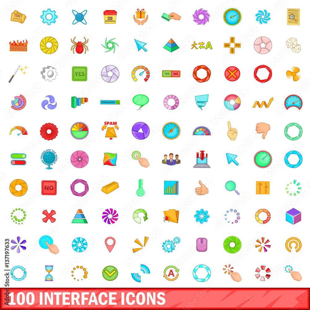 100 interface icons set, cartoon style 100 interface icons set, cartoon style