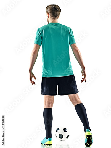 one caucasian soccer player man standing Rear View with football isolated on white background