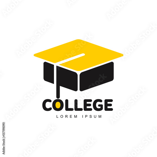 Graphic three colored square academic, graduation cap logo template, vector illustration isolated on white background. Stylized square graphic graduation cap logotype, logo design in three colors
