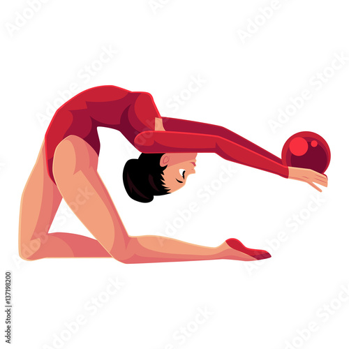 Beautiful, flexible girl in red leotard doing rhythmic gymnastics with ball on the floor, cartoon vector illustration isolated on white background. Rhythmic gymnast exercising with ball