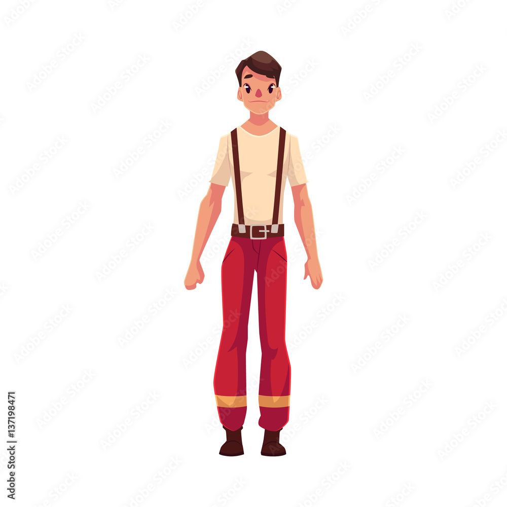 Handsome firefighter, fireman in t-shirt and protective pants with braces, cartoon vector illustration isolated on white background. Full length portrait of handsome firefighter, fireman at rest Handsome firefighter, fireman in t-shirt and protective pants with braces, cartoon vector illustration isolated on white background. Full length portrait of handsome firefighter, fireman at rest