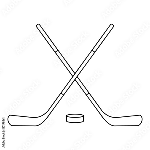 Hockey sticks and puck icon, outline style