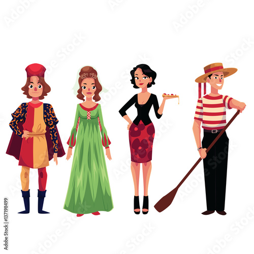 Character from Italy dressed in the traditional way as a Venice gondolier eating pizza. Vector Illustration. Kids of the World Collection.