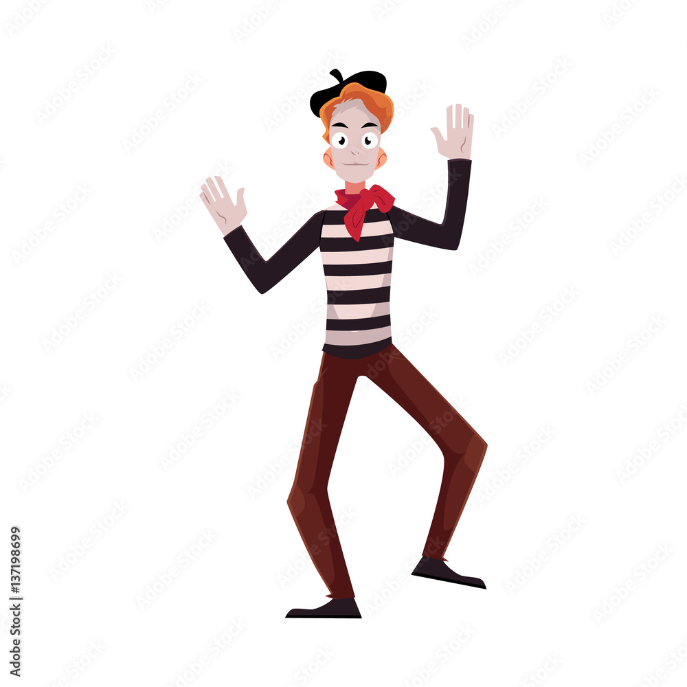 French mime in traditional clothing as symbol of France, cartoon vector illustration isolated on white background. French mime, comedian performer in traditional black and white clothing and red tie French mime in traditional clothing as symbol of France, cartoon vector illustration isolated on white background. French mime, comedian performer in traditional black and white clothing and red tie