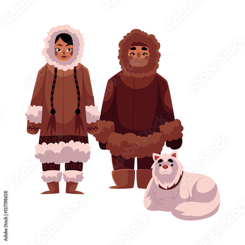 Eskimo, Inuit man and woman in warm winter clothes with white fluffy sledge dog, cartoon vector illustration isolated on white background. Full length portrait of Eskimo, Inuit couple and sledge dog