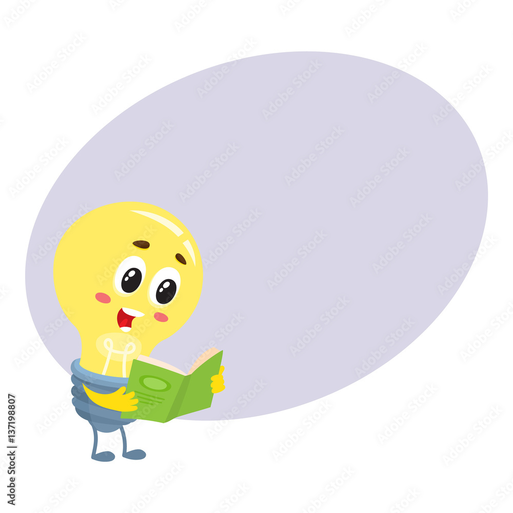 Cute light bulb character with funny face reading a book, cartoon vector illustration isolated on white background with place for text. Cute light bulb character with funny face reading a book, cartoon vector illustration isolated on white background with place for text.
