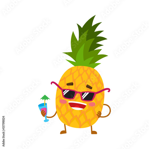 Cute and funny pineapple character in sunglasses holding a cocktail, cartoon vector illustration isolated on white background. Funky pineapple character, mascot in sunglasses and drinking a cocktail