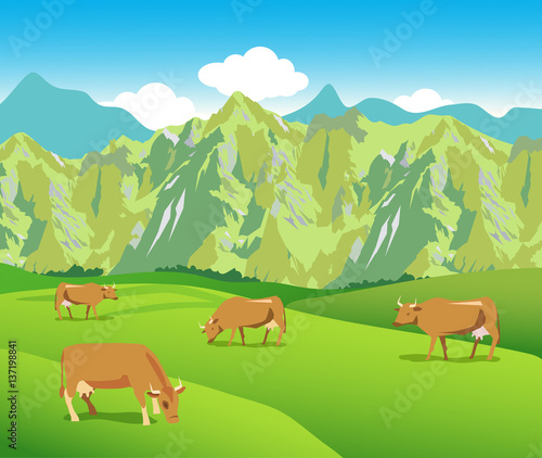 Livestock Breeding In Europe. Cows On The Alpine Meadows. Mountains Range And Green Valley. Background For Label, Sticker, Print, Packing, Web.