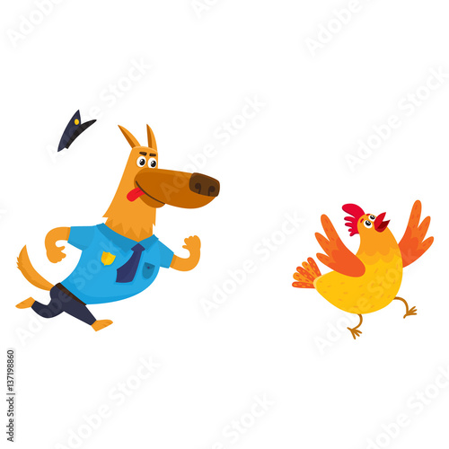 Funny shepherd dog character in blue police uniform chasing a chicken, cartoon vector illustration isolated on white background. Funny police dog character running after cackling chicken