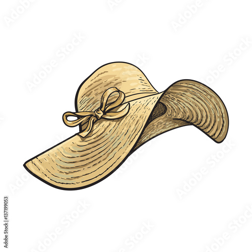 Fashionable straw hat with wide flaps, summer vacation attribute, sketch vector illustration isolated on white background. Hand drawn floppy straw hat, symbol of summer vacation