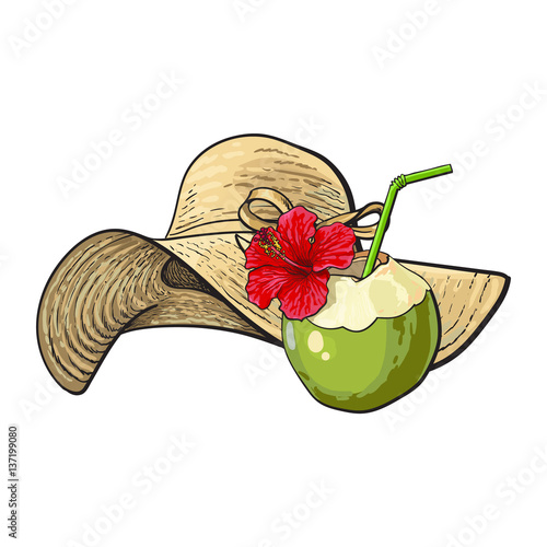 Floppy straw hat and coconut cocktail, drink, summer objects, sketch vector illustration isolated on white background. Hand drawn straw hat and coconut drink, summer, beach vacation
