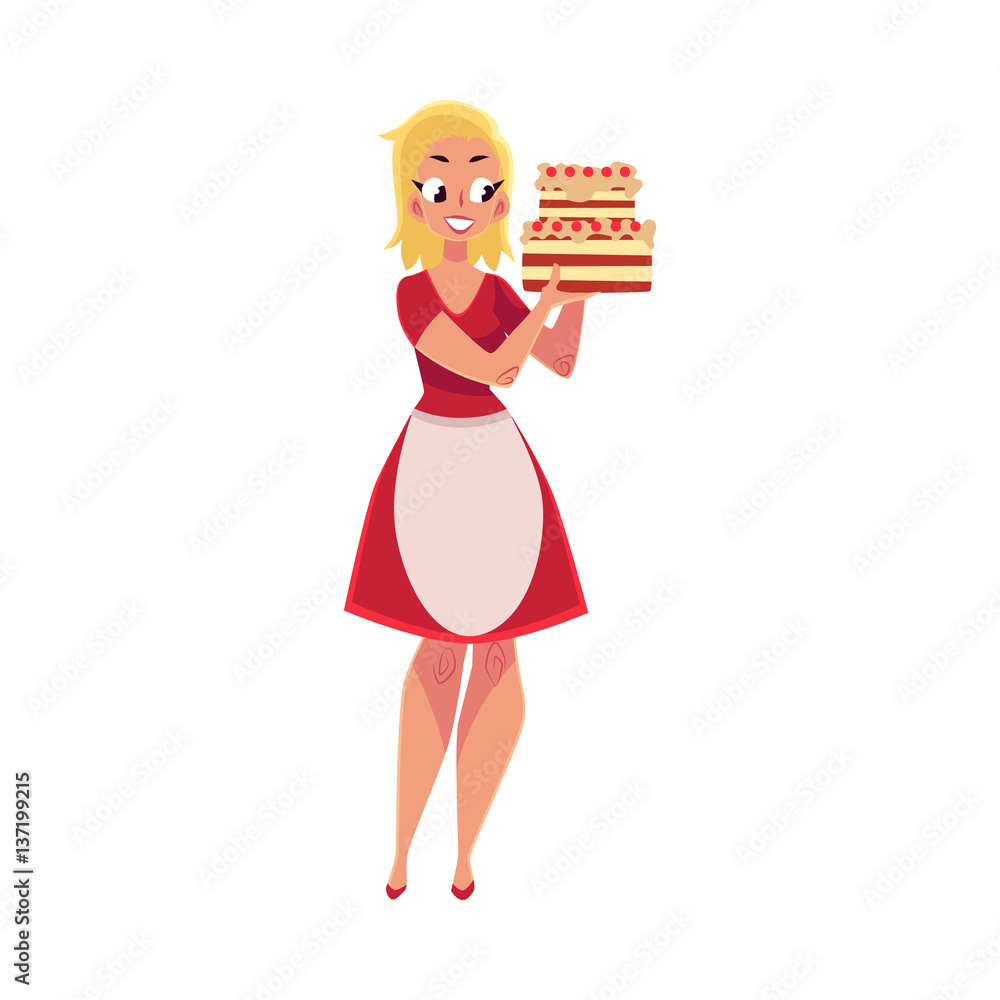 Woman, housewife in white apron holding big layered birthday cake in two hands, cartoon vector illustration isolated on white background. Woman, housewife in white apron holding big layered birthday cake in two hands, cartoon vector illustration isolated on white background.