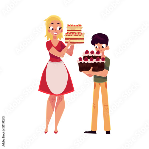 Mother and son holding birthday cakes, getting ready for party, cartoon vector illustration isolated on white background. Mother in apron and teenaged son holding birthday cakes