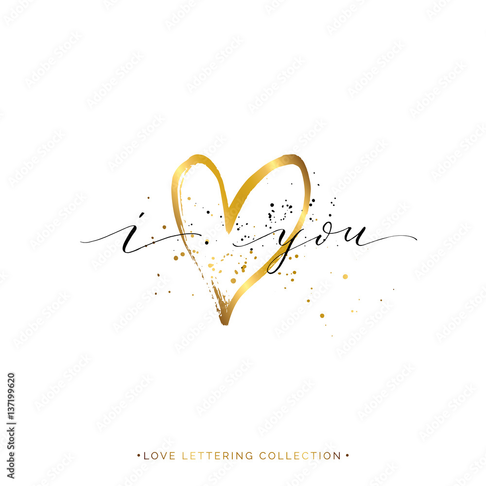 Happy Valentines Day card, i love you text with gold heart and splashes ...