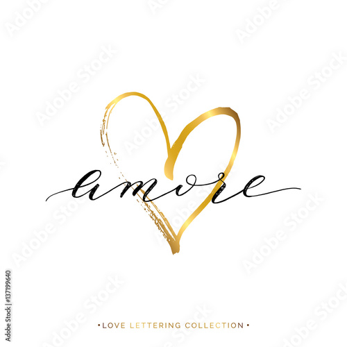 Amore text with gold heart isolated on white background, love in Italian, hand painted letter, golden vector love lettering for greeting card, poster, invitation, wedding, handwritten calligraphy
