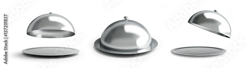 Open empty silver tray set on a white background 3D illustration