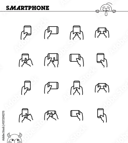 Hand with smarphone, tablet icon set