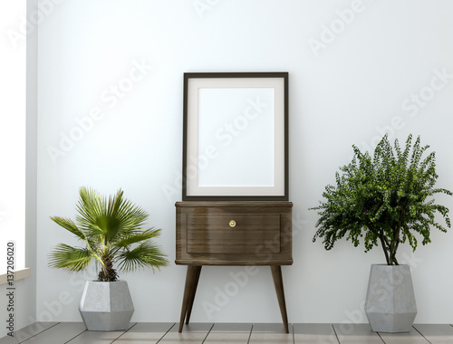 mock up with empty frame and plants in the granite vases. 3D illustration. 3D rendering