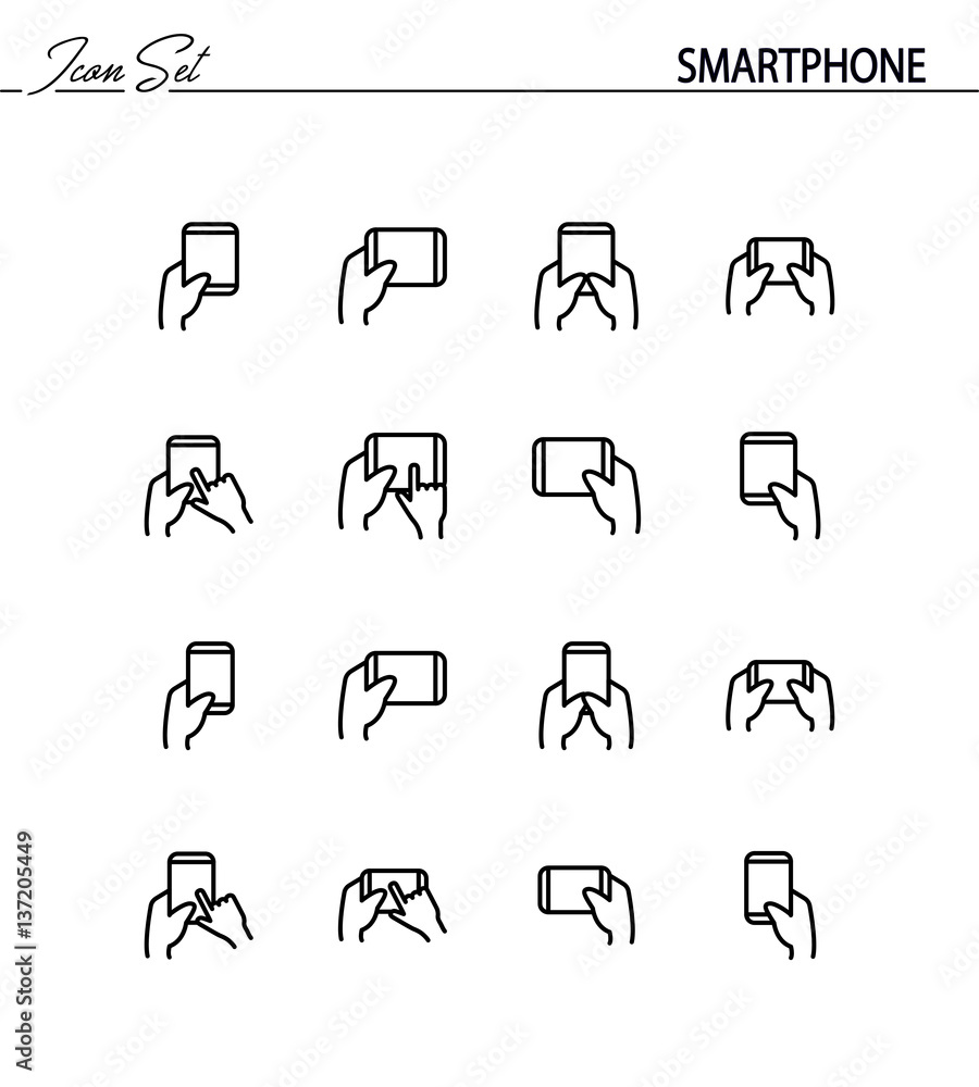 Hand with smarphone, tablet icon set