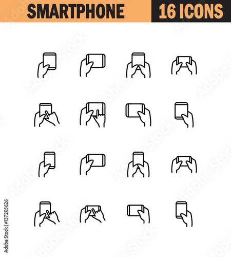 Hand with smarphone, tablet icon set