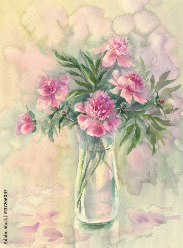 Fototapeta premium bouquet of pink peonies watercolor