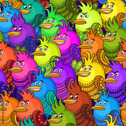Seamless Background with Funny Colorful Birds, Cute Cartoon Characters of Different Colors and Moods, Sad, Angry, Cheerful and Insidious, Tile Pattern for your Design. Vector