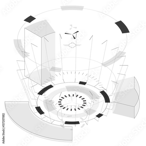 Abstract round composition with circles in isometric perspective. Transparent fill up screen and monitor. Props for filming. Isolated central wheels. Subtle mechanic gears on white. Vector background.