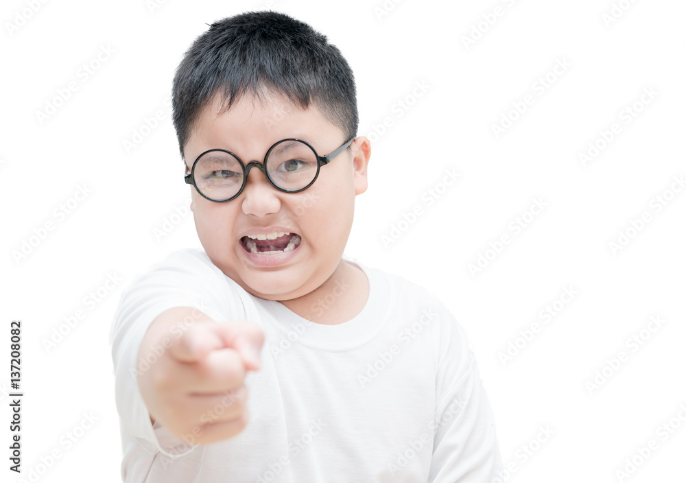 Serious or angry obses  kid points index finger isolated