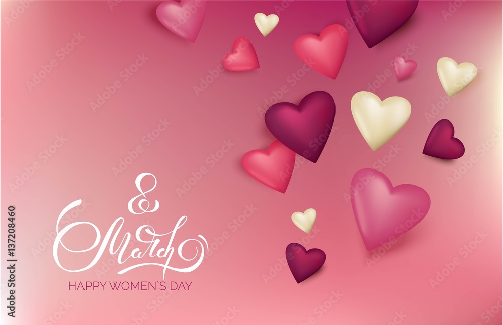 8 march international women`s day blurred background and flying 3d hearts. Vector illustration