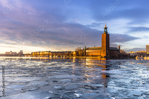 Photography January 21, 2017: Panorama of the City Hall of Stockholm by the ice, Sweden