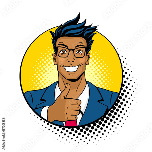 Wow pop art face. Young handsome dark skinned surprised man in glasses with open mouth shows thumb up in a circle with halftone. Vector colorful illustration in retro comic style on white background. 