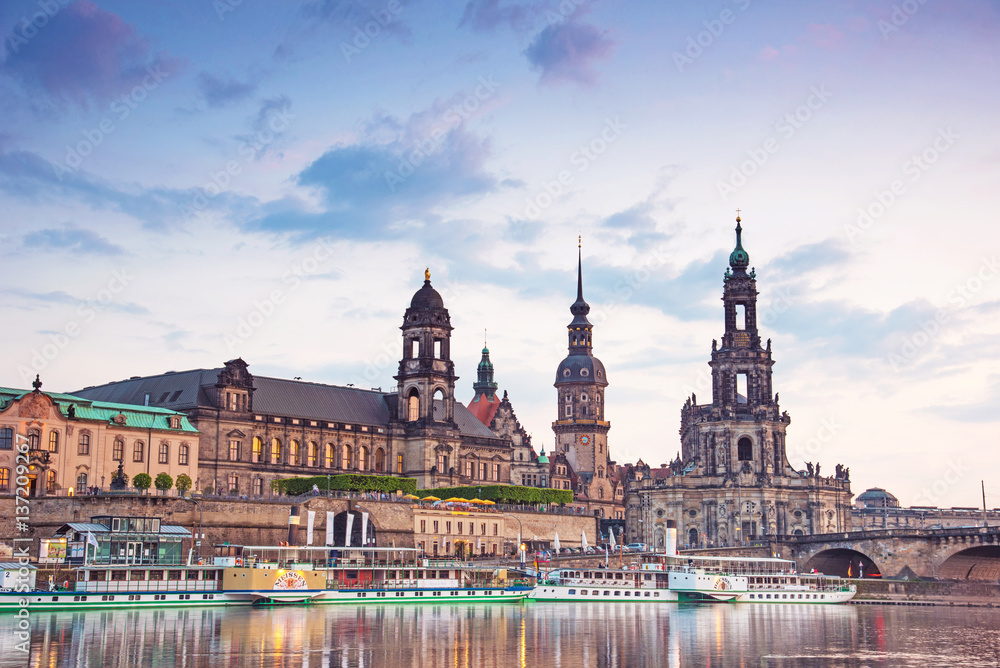The picturesque view of old Dresden over the river Elbe in evening. Saxony, Germany, Europe.
