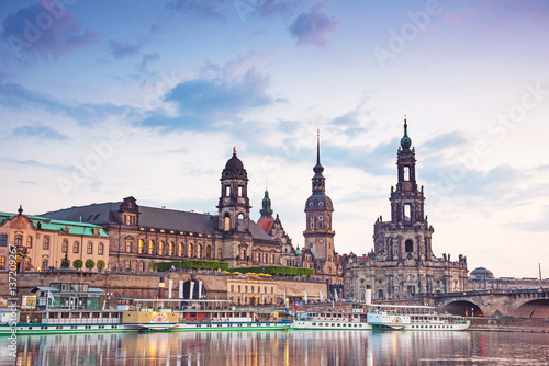 The picturesque view of old Dresden over the river Elbe in evening. Saxony  Germany  Europe.