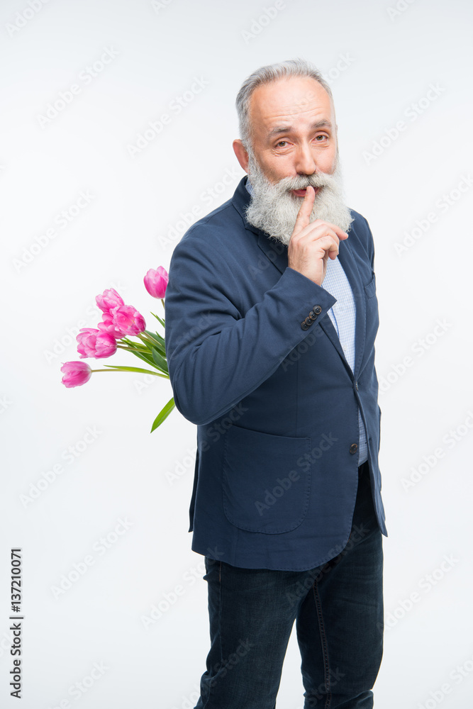 Senior man with tulips Senior man with tulips