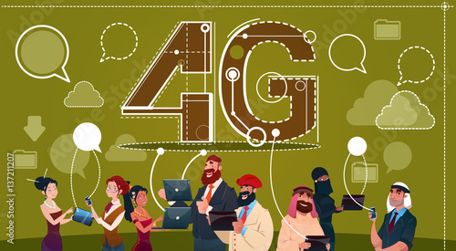 Mix Race People Group Using Gadgets Chat Social Network Communication 4g Internet Speed Concept Flat Vector Illustration