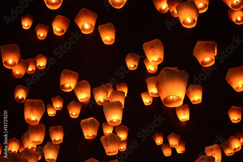 Thousands of lanterns fill the sky at the 2017 Pingxi Sky Lantern Festival in Taiwan, the Chinese text on them says chengzhang, which means to grow photo