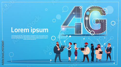 Mix Race People Group Using Gadgets Chat Social Network Communication 4g Internet Speed Concept Flat Vector Illustration