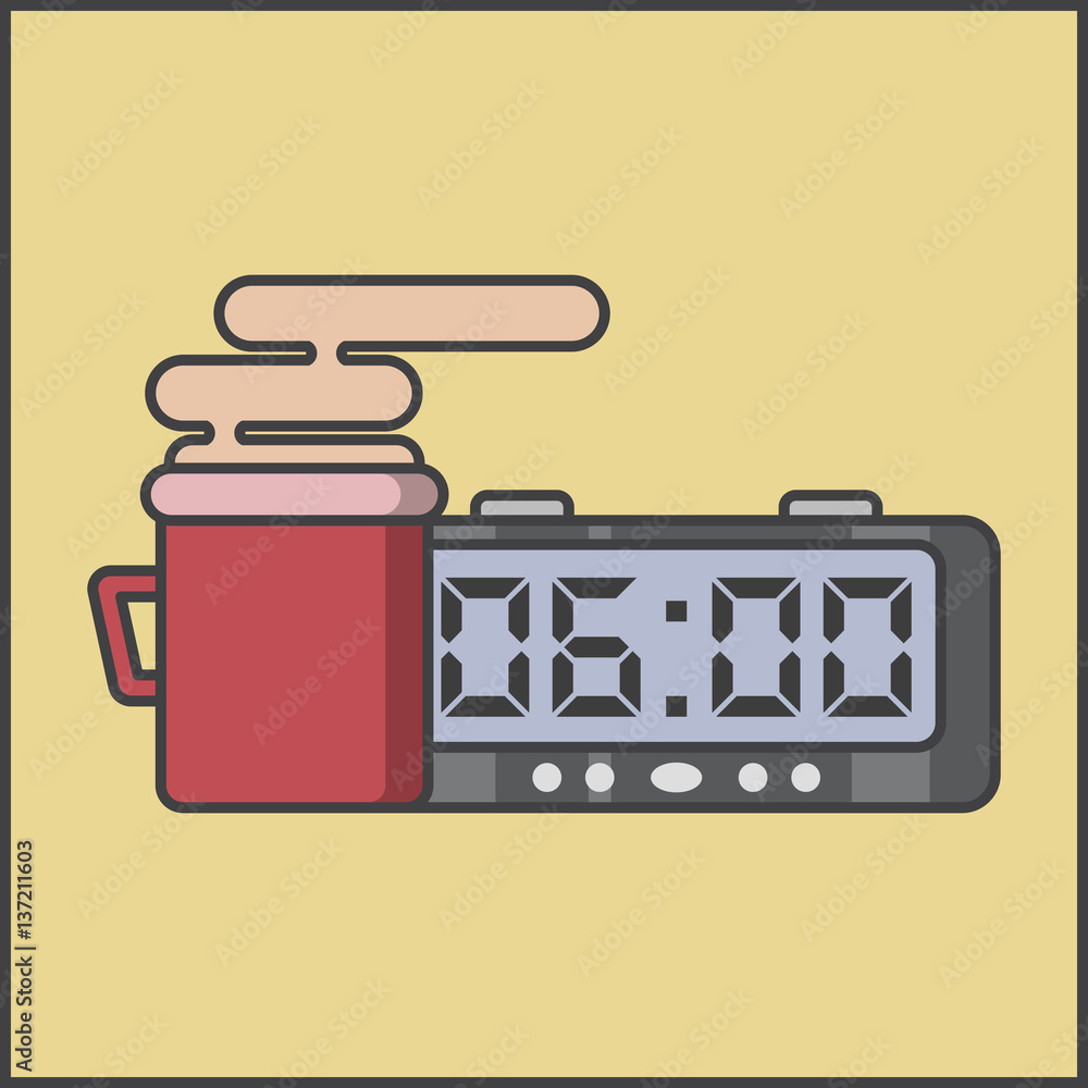 cup with fragrant drink and an alarm clock, the electronic clock, morning tea and coffee,vector image, flat design cup with fragrant drink and an alarm clock, the electronic clock, morning tea and coffee,vector image, flat design