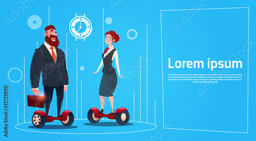 Business Man And Woman Ride Electric Scooter Transport Flat Vector Illustration