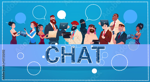 Mix Race People Group Using Gadgets Chat Social Network Communication Concept Flat Vector Illustration