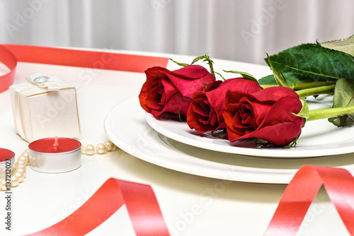 Red Roses on white background. Romantic composition for Valentine's Day, Anni...