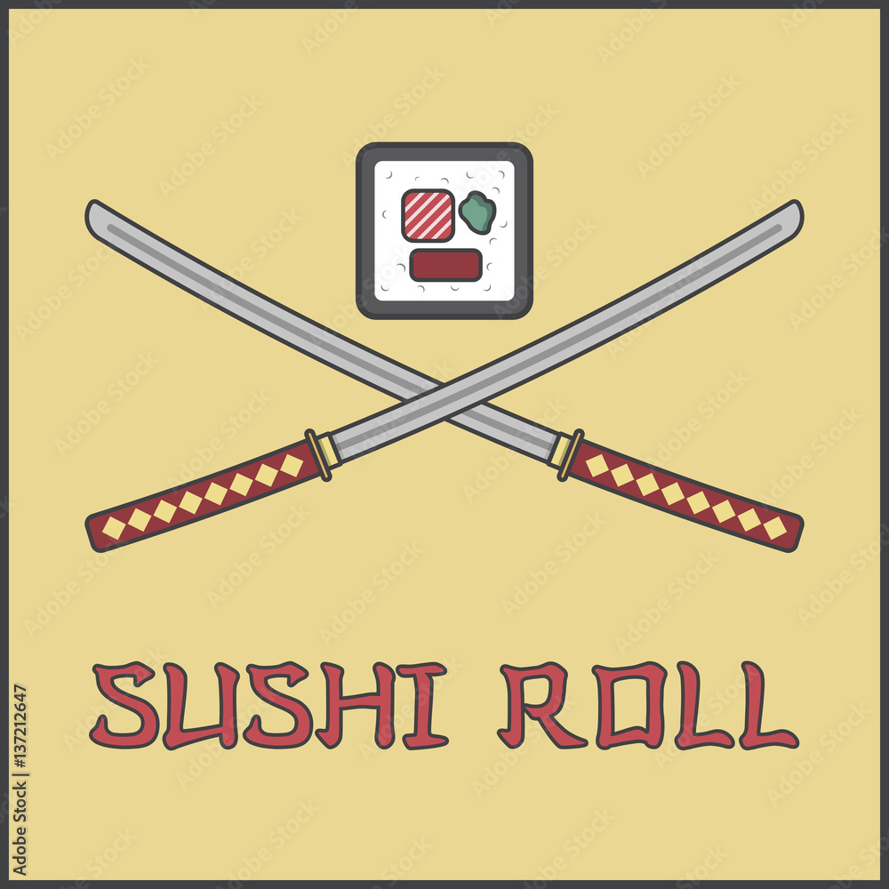 sushi beater and samurai swords, katana, ninjia,sea snack, Asian delicacy, Japanese cuisine