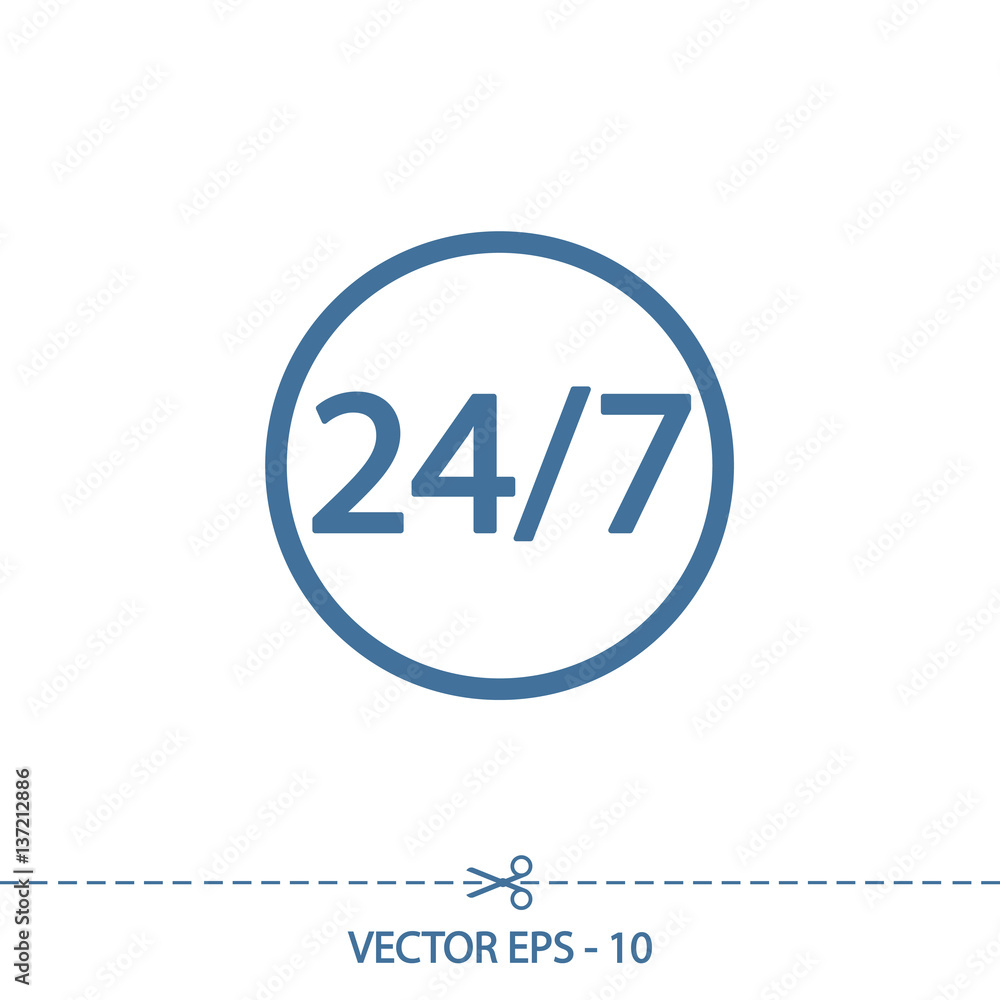 24 hours a day and 7 days a week icon, vector illustration. Flat design style 24 hours a day and 7 days a week icon, vector illustration. Flat design style