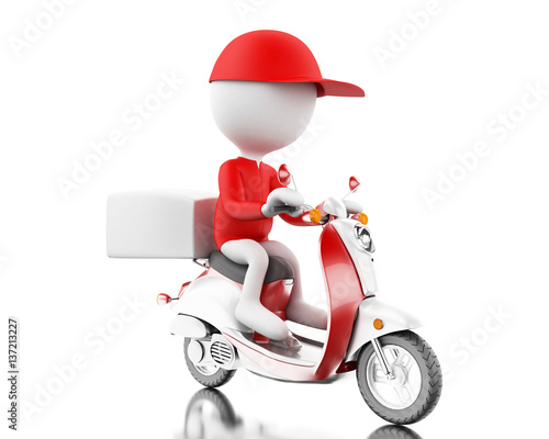 3d White people delivering boxes with motorbike on time