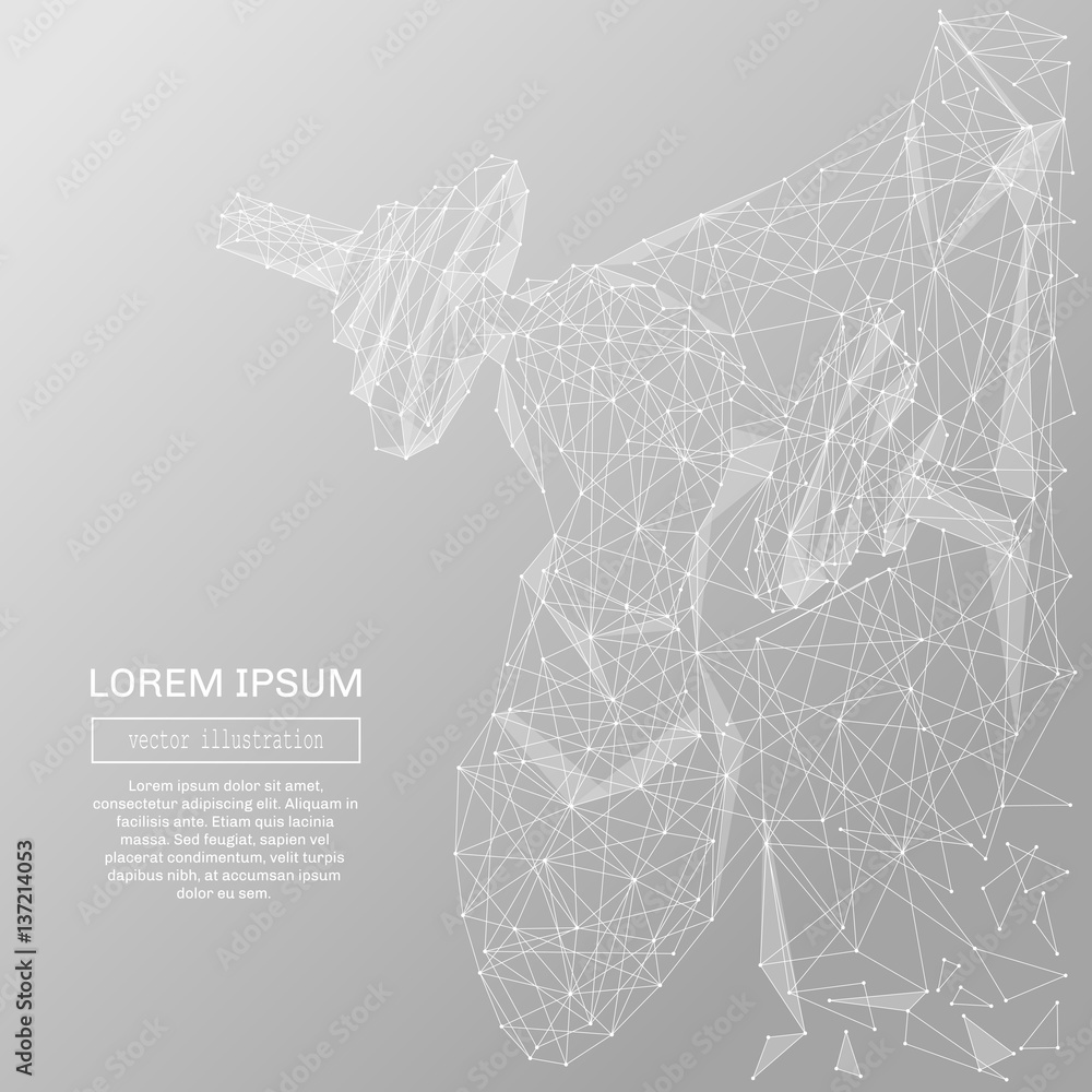 Obraz premium White abstract businessman with dumbbell polygonal, geometry triangle. Light connection structure of coin. Low poly vector on gray background. Connection structure