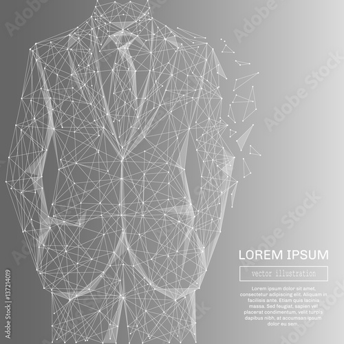White abstract businessman in suit polygonal, geometry triangle. Light connection structure of coin. Low poly vector on gray background. Connection structure
