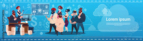 Business People Group Wear Virtual Reality Glasses Digital Interface Screen Presentation Seminar Flat Vector Illustration