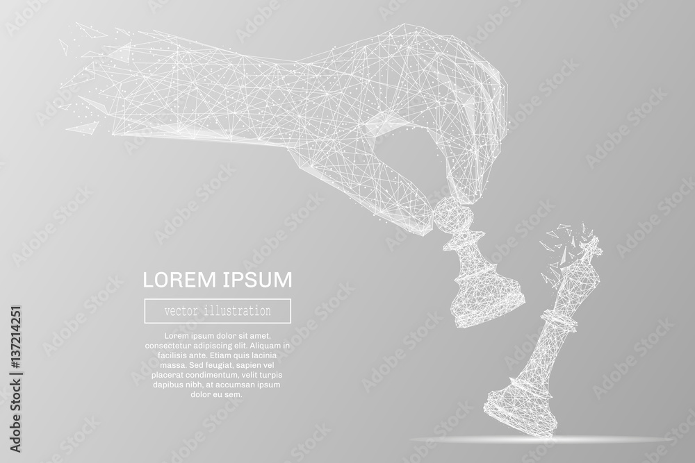 White abstract hand holding chess pawn polygonal, geometry triangle. Light connection structure of coin. Low poly vector on gray background. Connection structure White abstract hand holding chess pawn polygonal, geometry triangle. Light connection structure of coin. Low poly vector on gray background. Connection structure