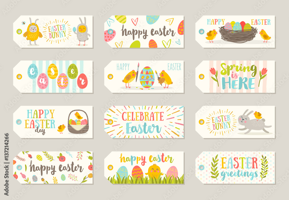Set of Easter gift tags and labels with cute cartoon characters and type design . Easter greetings with bunny, chickens, eggs and flowers. Vector illustration.
